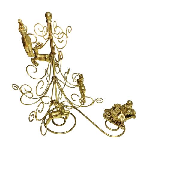 SANTA & REINDEER ORNAMENT STAND GOLD TONED METAL - Picture 1 of 5